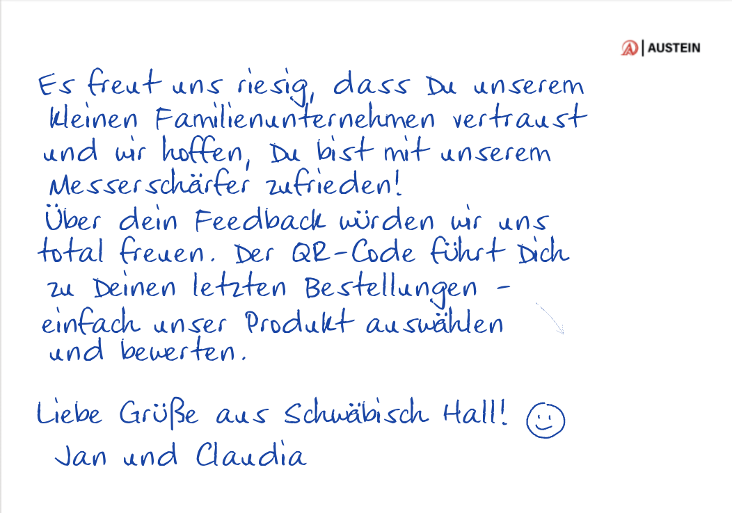 Handgeschriebene Karte im Paket