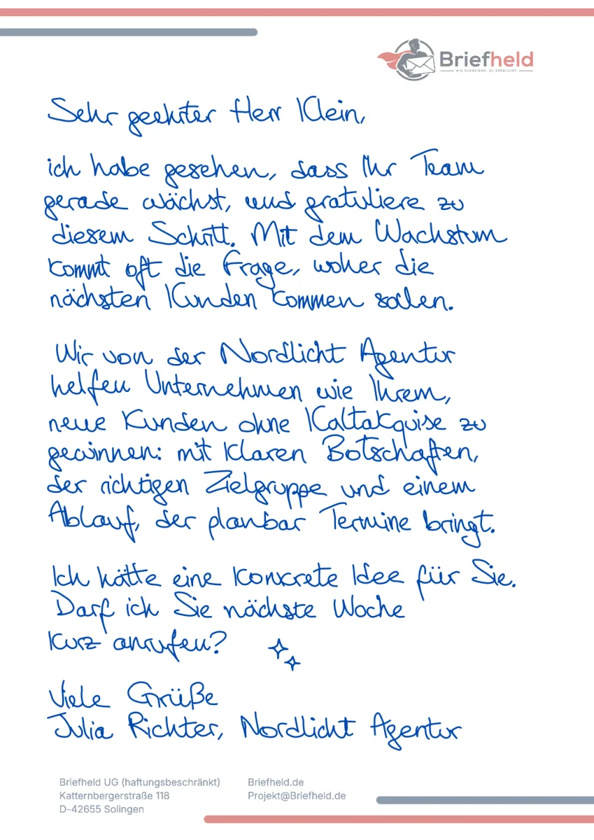 Echte Vorschau des A4-Akquisebriefs der Nordlicht Agentur aus der Plattform