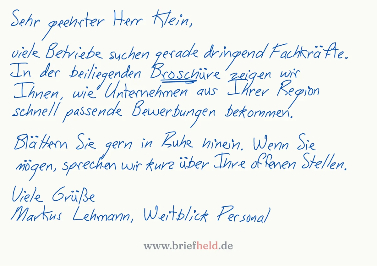 Echte Vorschau: A5-Brief von Weitblick Personal mit Hinweis auf die beiliegende Broschüre