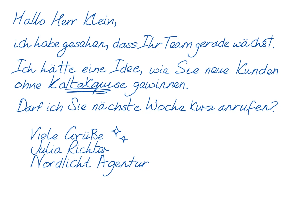 Echte Vorschau: Brief der Nordlicht Agentur mit unterstrichenem Wort Kaltakquise und gezeichneten Sternen neben dem Gruß