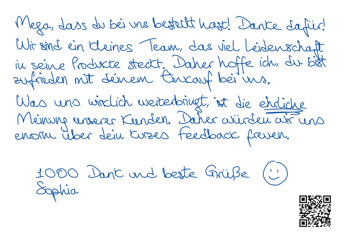 Echte Vorschau einer Dankeskarte mit Bitte um ehrliches Feedback per QR-Code