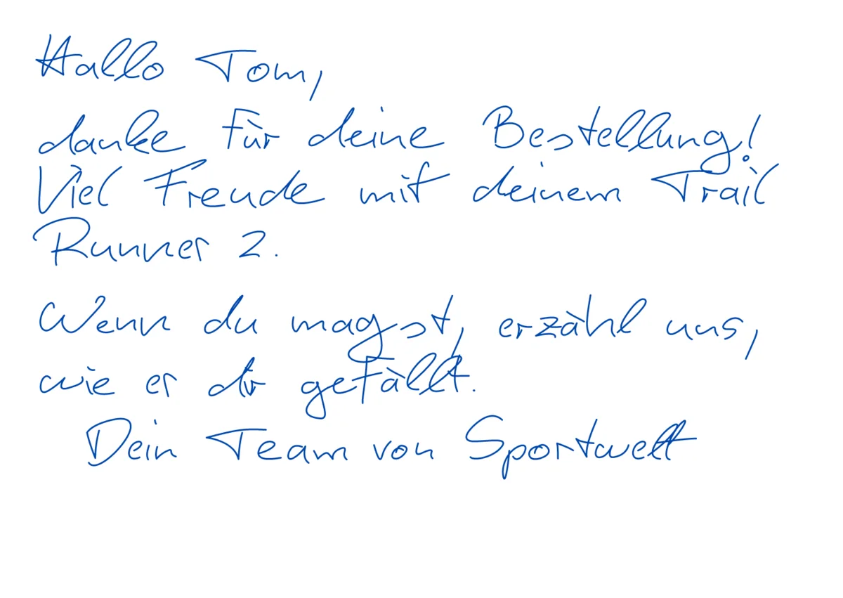 Echte Vorschau: Hallo Tom, danke für deine Bestellung! Viel Freude mit deinem Trail Runner 2.