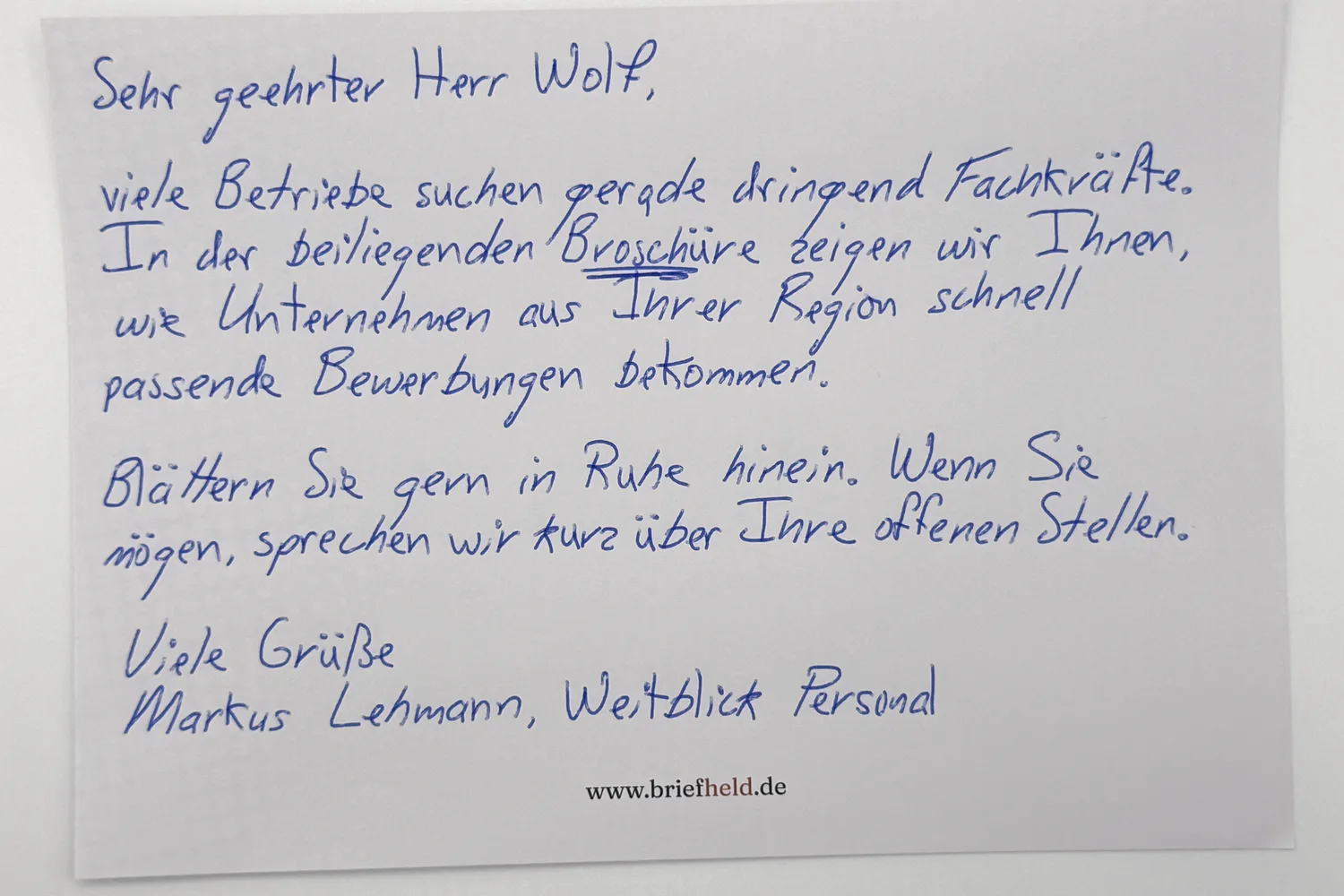 Handgeschriebener Geschäftsbrief: Sehr geehrter Herr Wolf, mit Hinweis auf die beiliegende Broschüre