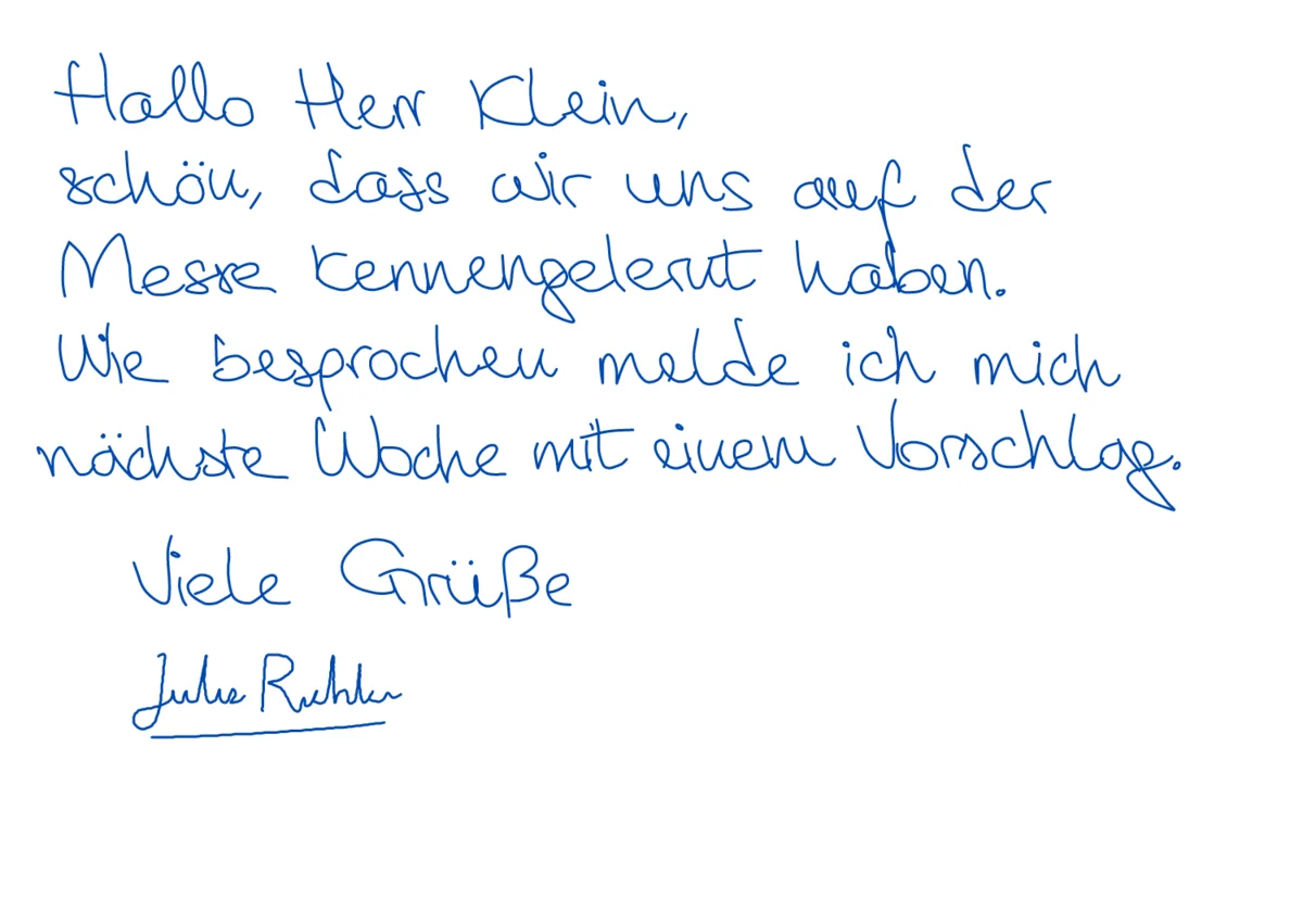 Echte Vorschau: Karte an Herrn Klein mit Viele Grüße und darunter der gezeichneten Unterschrift Julia Richter