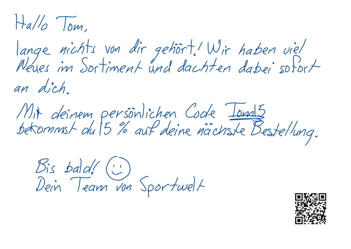 Echte Vorschau: Winback-Karte, Bis bald mit gezeichnetem Smiley daneben, der persönliche Code ist unterstrichen